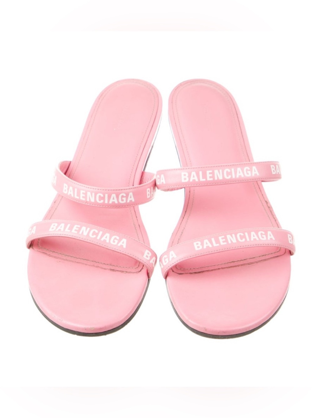Balenciaga pink logo printed leather flat slides 39